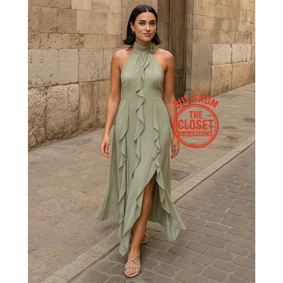 💚 ZARA Halter Neck Midi Dress NWT | Sea Green Ruffle Floral Detail M/L - Picture 3 of 16